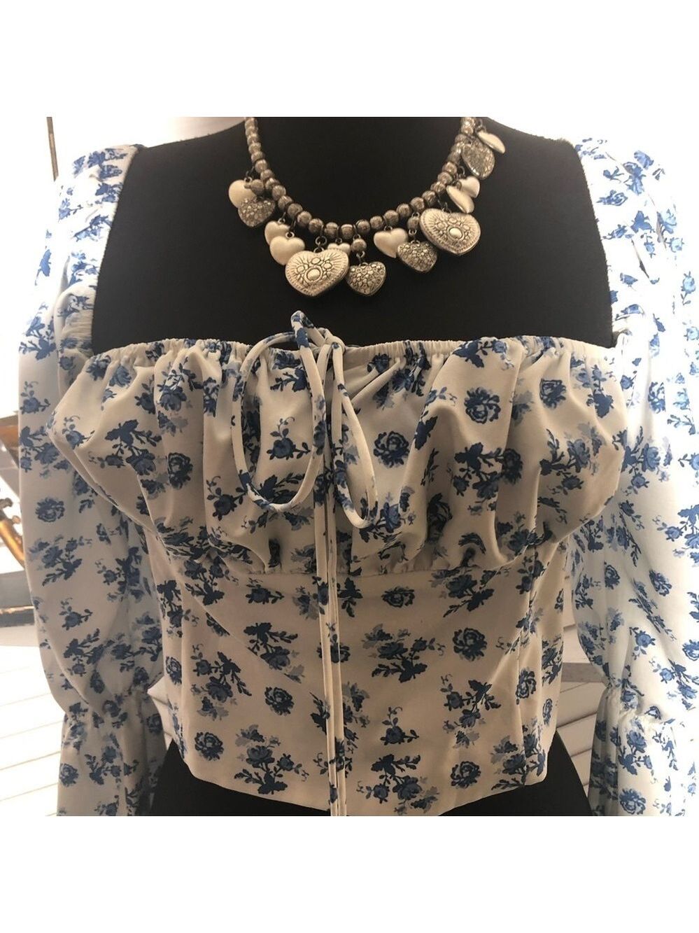 Vintage Y2K Floral Cropped Top Blue and White Medium - Picture 9 of 13